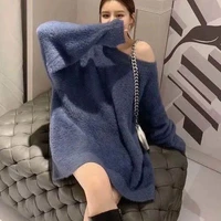 mink fleece jumpers casual women loose soft autumn winter solid round neck hairy mid length sweater dress elegant club sexy n854