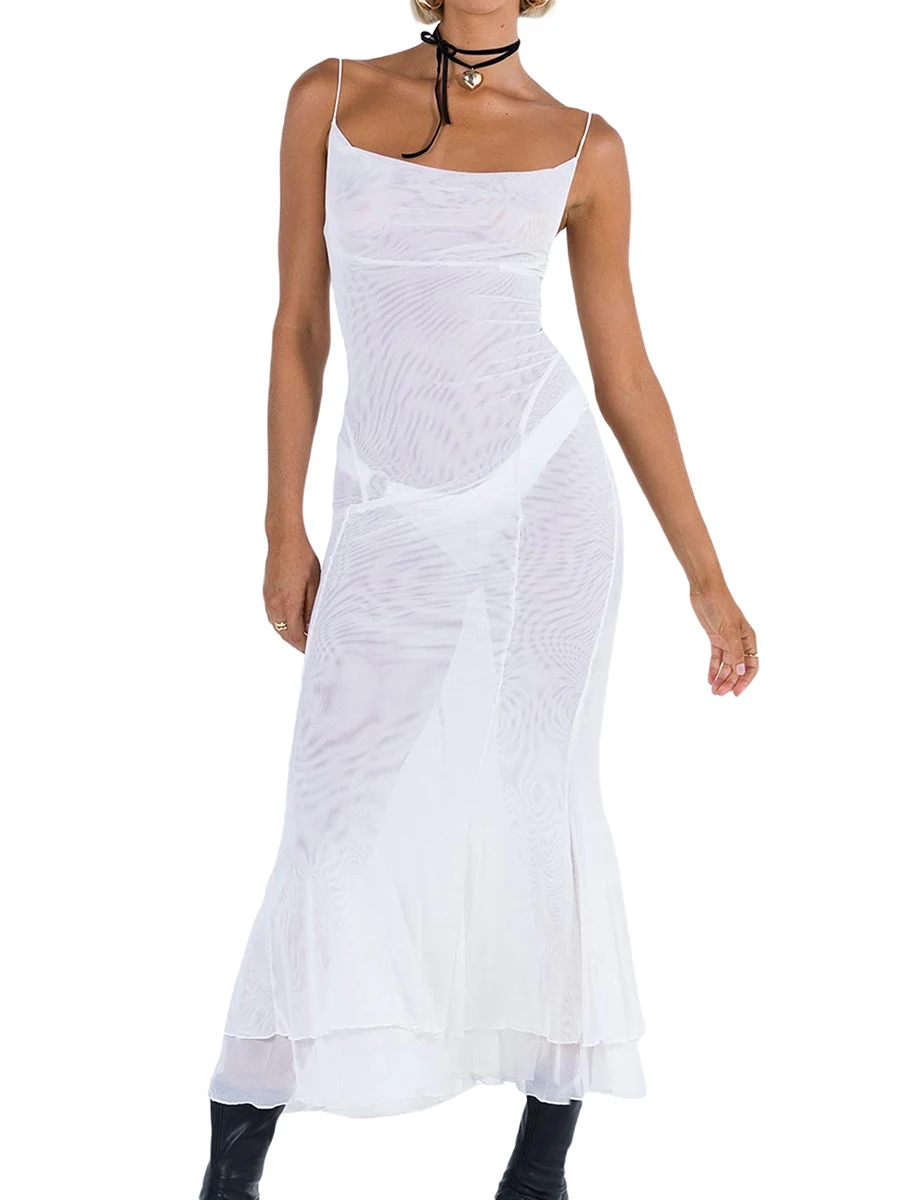 

Women's Sheer Mesh Long Dress Bikini Cover up Sleeveless Backless Spaghetti Strap Solid Color Beach Dress