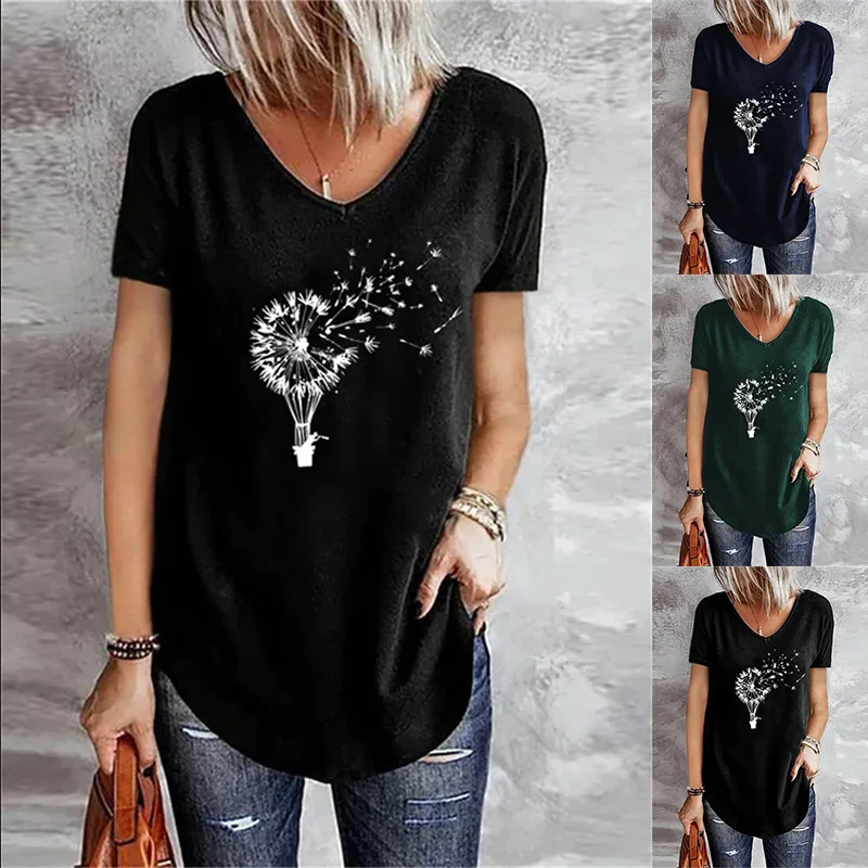 

2022 New Women's Summer Dandelion Print Top Plus Size Casual Fashion Sexy V-Neck Short Sleeve Comfortable Loose T-Shirt