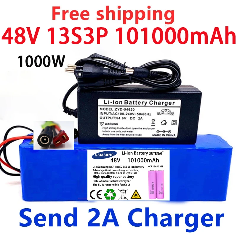 

48V101000mAh 1000w 13S3P XT60 48V Lithium ion Battery Pack 99999mah For 54.6v E-bike Electric bicycle Scooter with BMS+charger