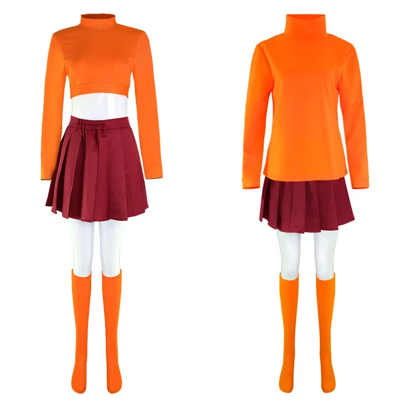 

Movie Girl Vermaelen Cosplay Costume Adult Women 2 Kinds Uniform Orange Long/Mini Top Pleated Skirt Burgundy Red Wig Halloween