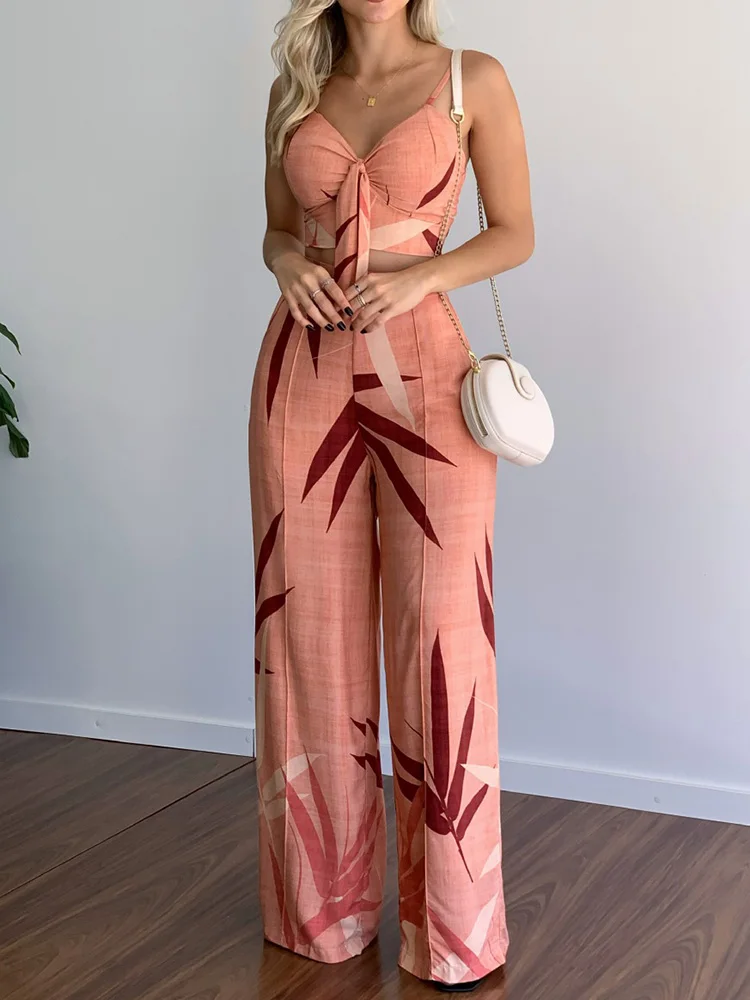 

Sexy Wide Leg Pants Women Printing Matching Set V-Neck Sleeveless Short Top 2PCS Ladies Outfit Holiday Streetwear Dropshipping