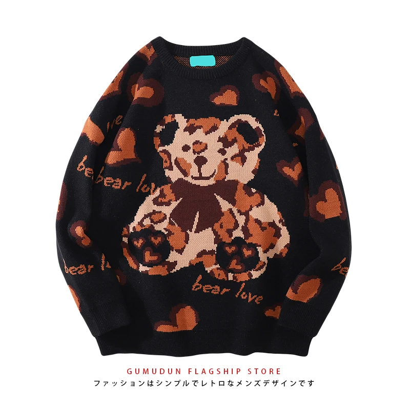 

Мужской свитер с мультяшным рисунком, Модный повседневный вязаный свитер для мужчин и женщин, винтажный трикотажный жаккардовый пуловер с медведем для мужчин и женщин на осень