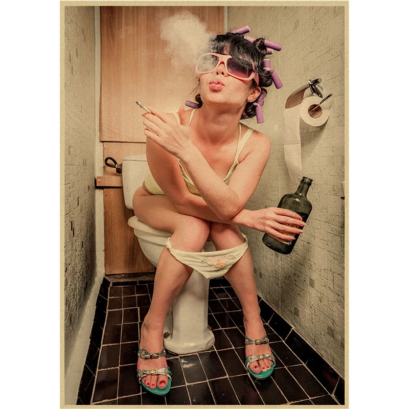 Modern toilet sexy woman girl Kraft Paper smoking drinking bathroom picture poster modern home decoration paintin | Дом и сад