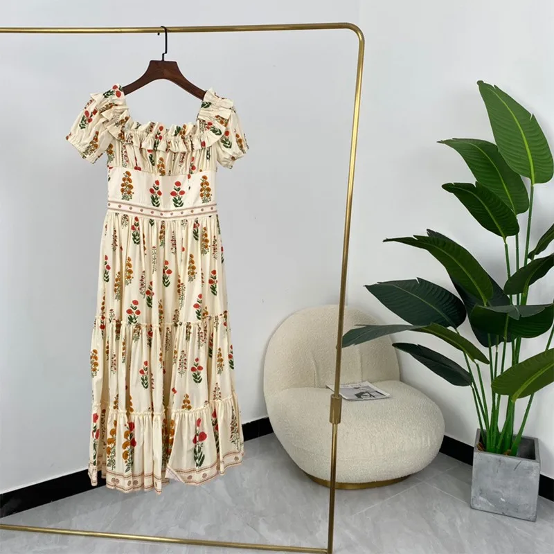 

New Arrival Womens Off The Shoulder Dresses Ruffles Short Sleeve Elegant High Waist Designer Clothes Summer 2021
