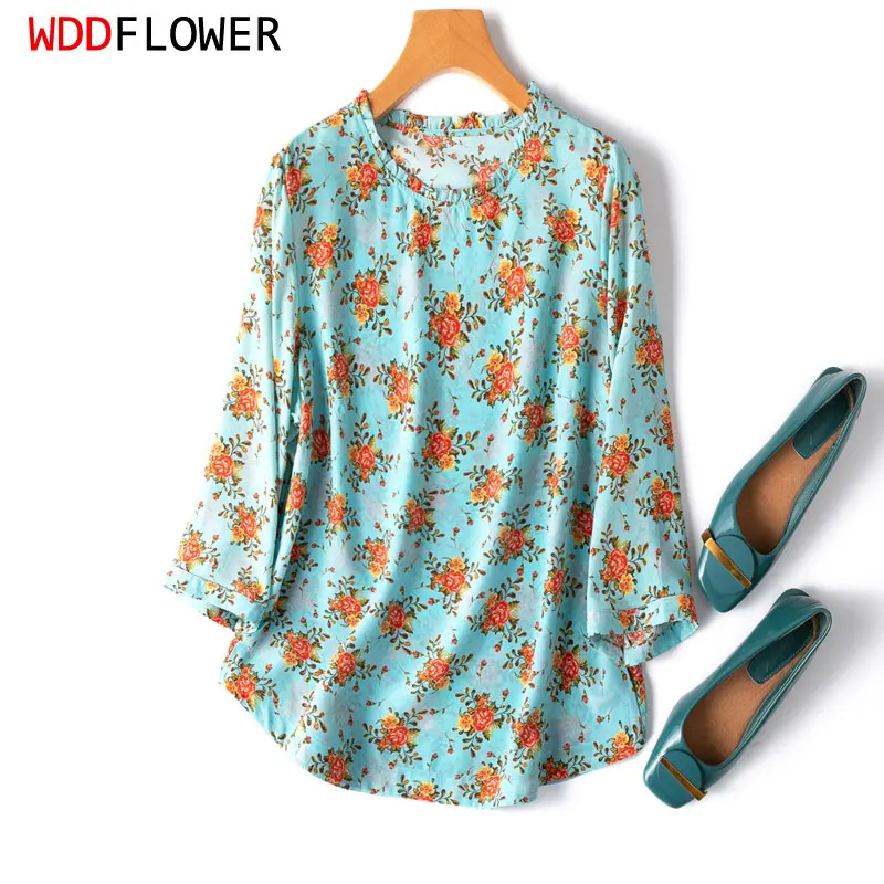 

Женская шелковая блузка из крепа тутового шелкопряда с цветочным принтом и оборками, рубашка с круглым вырезом и рукавом 100%, MM727, 3/4