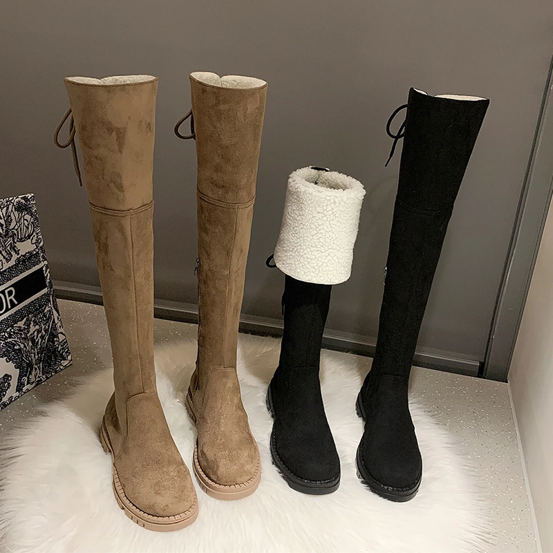 

Long Boots Women 2023 Winter New Warm Lambswool Over the Knee High Booties Ladies Shearling Turned-Over Edge Lace-Up Flat Botas