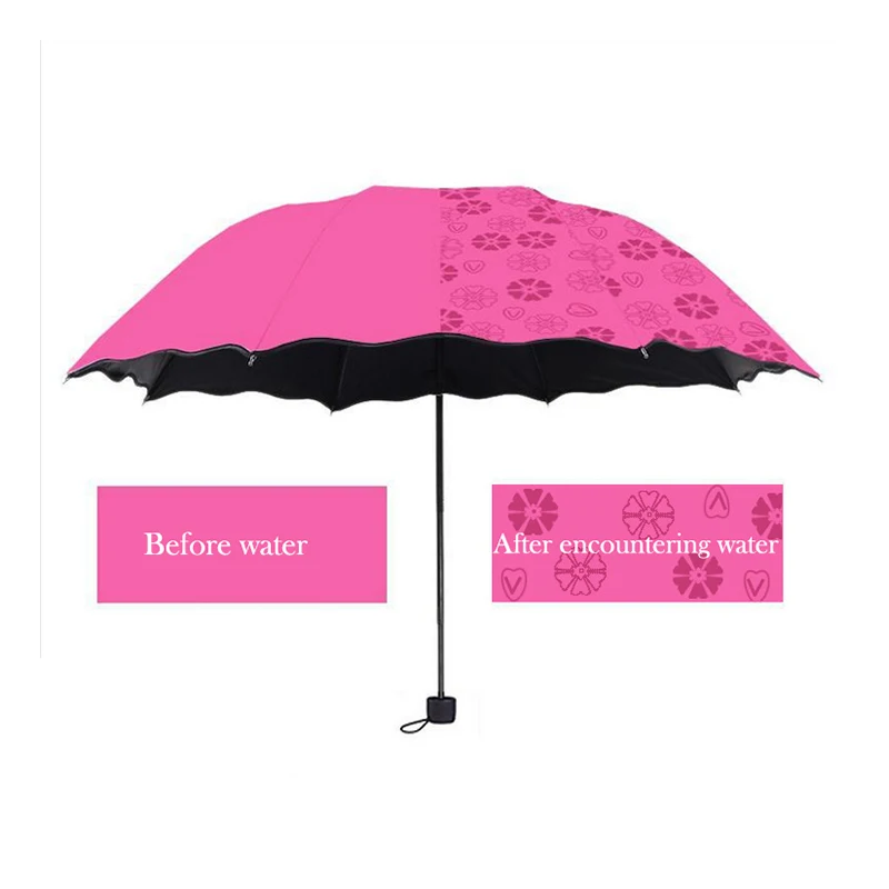 

Ladies'sunshine umbrella blossoms in water changes color parasol umbrella triple fold black rubber sunscreen UV woman umbrellas