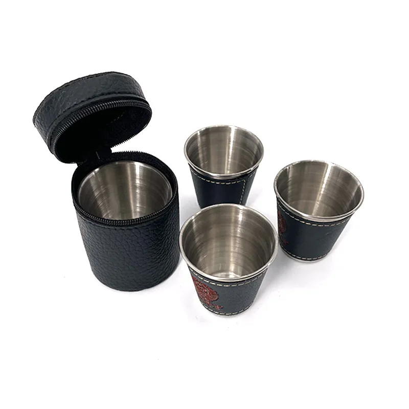 

4pcs/lot 70ml Outdoor Camping Tableware Travel Cups Set Picnic Supplies Stainless Steel Wine Beer Cup Whiskey Mugs PU Leather