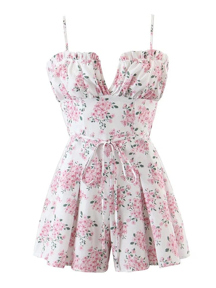 

YENKYE 2022 Fashion Women Sweet Pink Floral Print Sling Short Jumpsuit Sexy Sleeveless Ladies Summer Romper combinaison femme