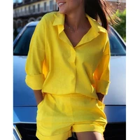 new casual summer tracksuit female two piece set solid color turn down collar short sleeve shirt tops and loose mini shorts suit