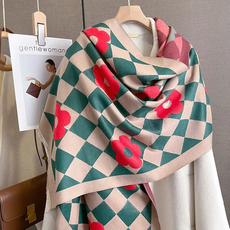 

Winter Warm Thick Scarf Women Girl Plaid Flower Shawl Stole Faux Cashmere Kerchief 185*65cm