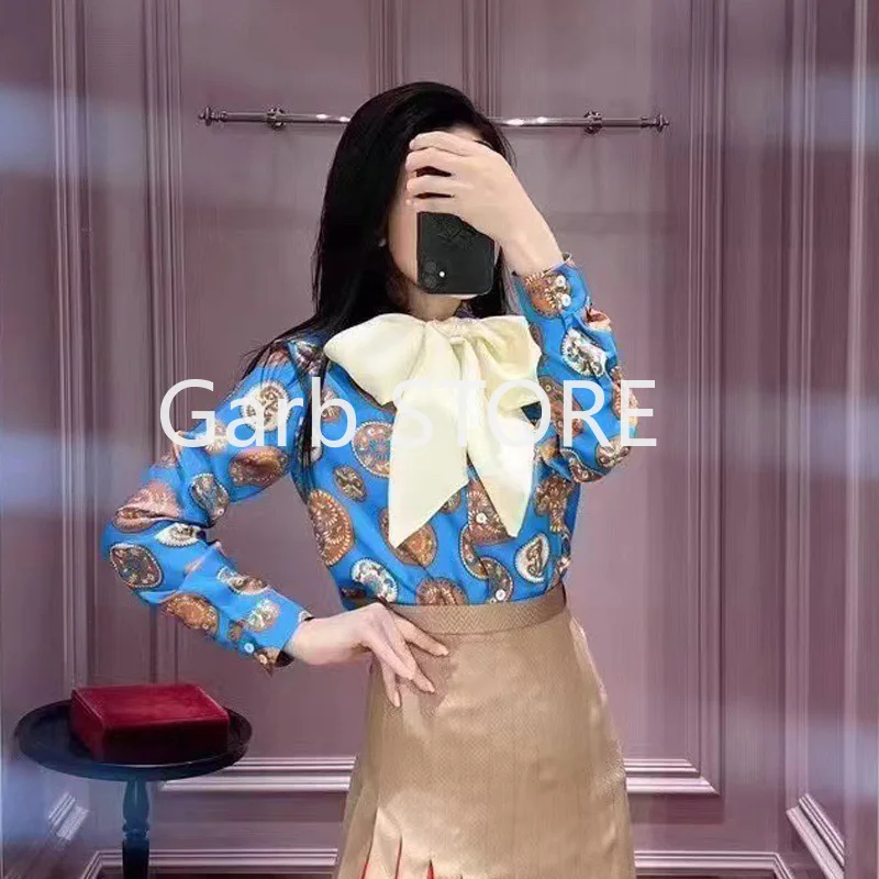 

2023 spring and summer mulberry silk shirt women's real silk white bow bow bow tie long-sleeved shirt women's luxury shirt