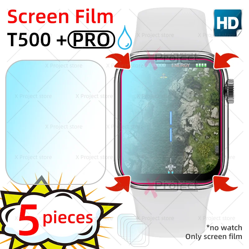 

5pcs HD Screen Film For T500+PRO Smart Watch Full Coverage Hydrogel Protective Film Screen Protector 44mm SmartWatch (Not Glass