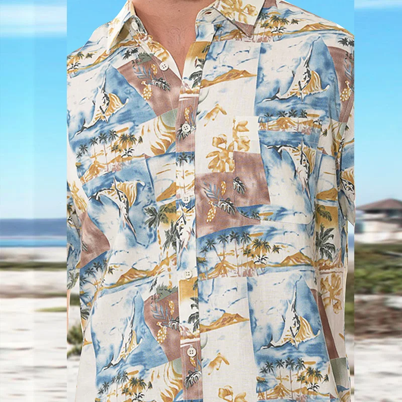 Men's Shirt Summer Beach Vacation Loose Print Cardigan Shirt Men's Casual Short Sleeve Single-Breasted Turn-down Collar Shirt
