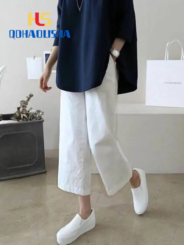 

Wide Leg Pants Women Korean 2023 Summer New In Casual Solid Color Cropped Pants High Waist Female Soft Elastic Cotton Streetwear