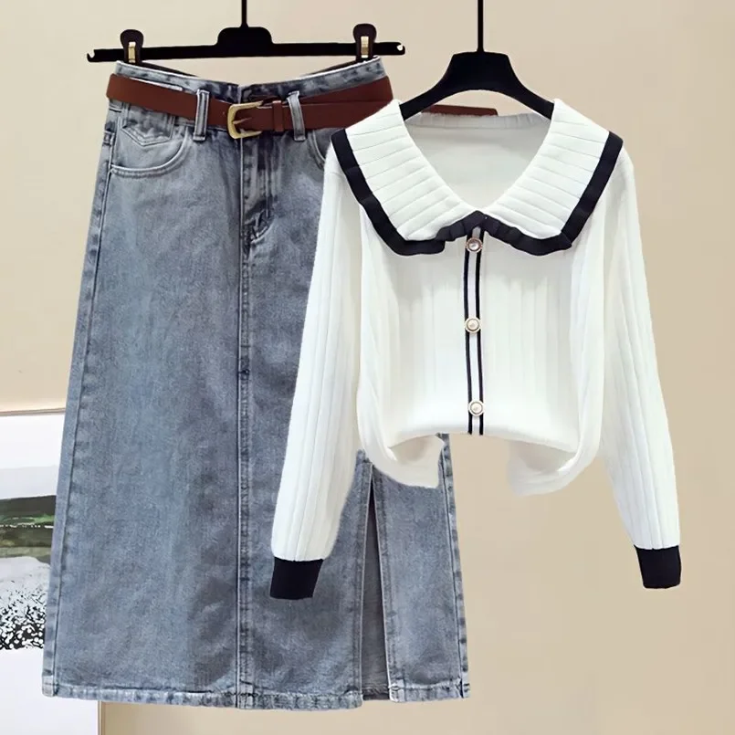 Женский комплект из двух предметов трикотажный свитер с высокой талией и