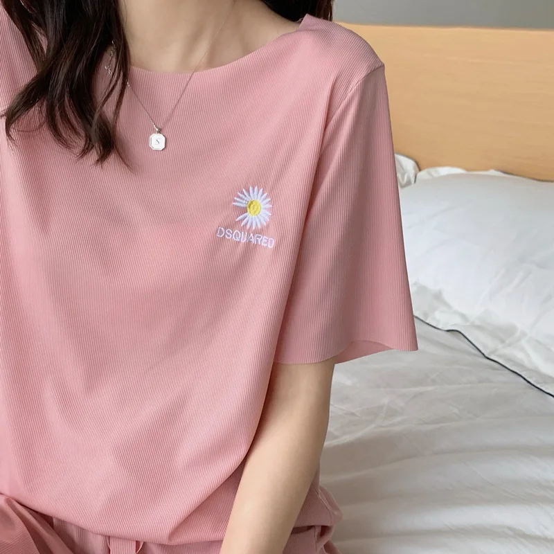 Women's Pajamas Embroidered Ice Silk Pajamas Elastic Short Sleeve Shorts Two-piece Home Clothes