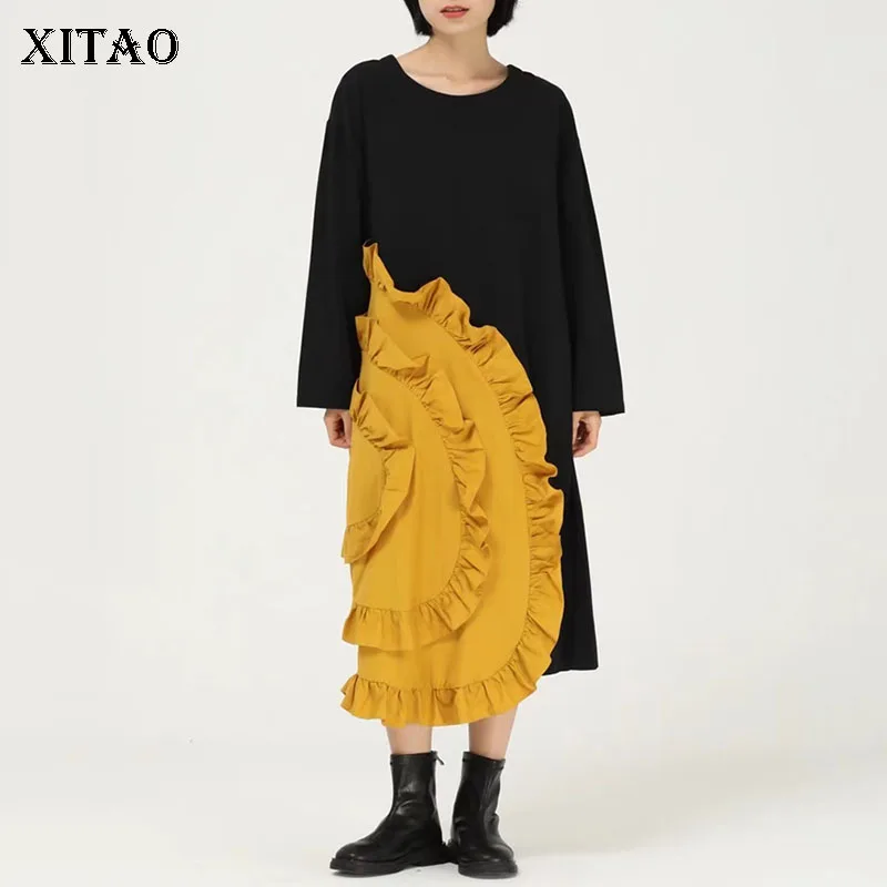 

Платье С Рюшами XITAO, модное платье с круглым вырезом, пуловер с длинными рукавами в стиле пэчворк, повседневный стиль, свободное платье, длин...