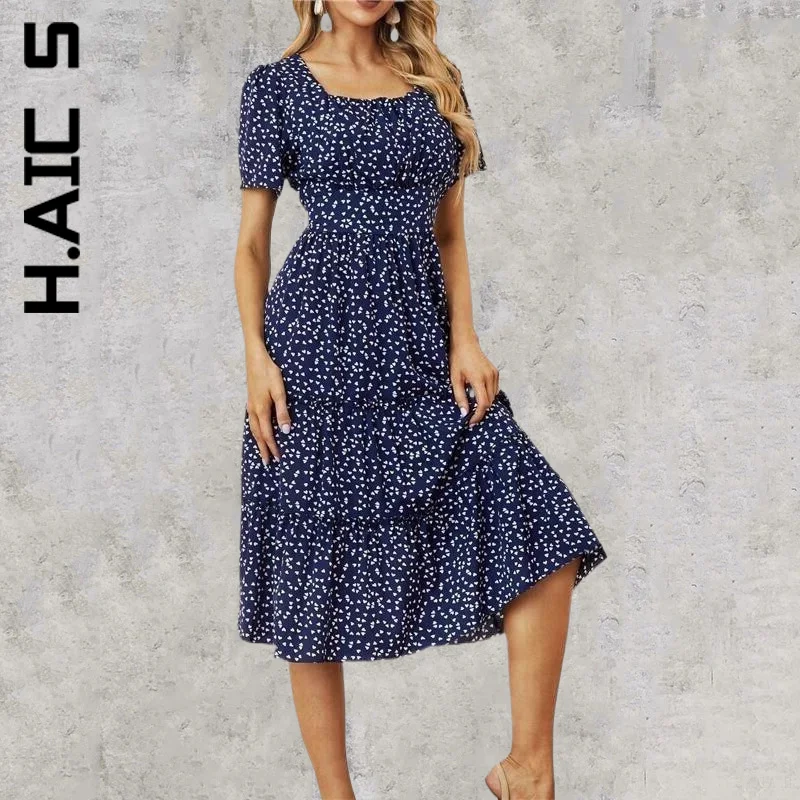 

Женское шикарное платье с коротким рукавом H. АИК, шифоновое платье средней длины с квадратным воротником и оборками, простой винтажный наря...