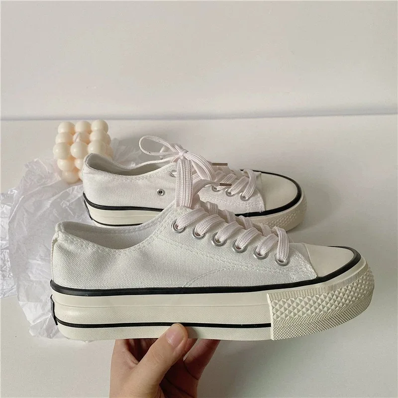 Thick Soled Canvas Shoes for Women Flat Bottomed Low Help Casual Shoes Student Increase Running Sneakers Height Canvas Shoes