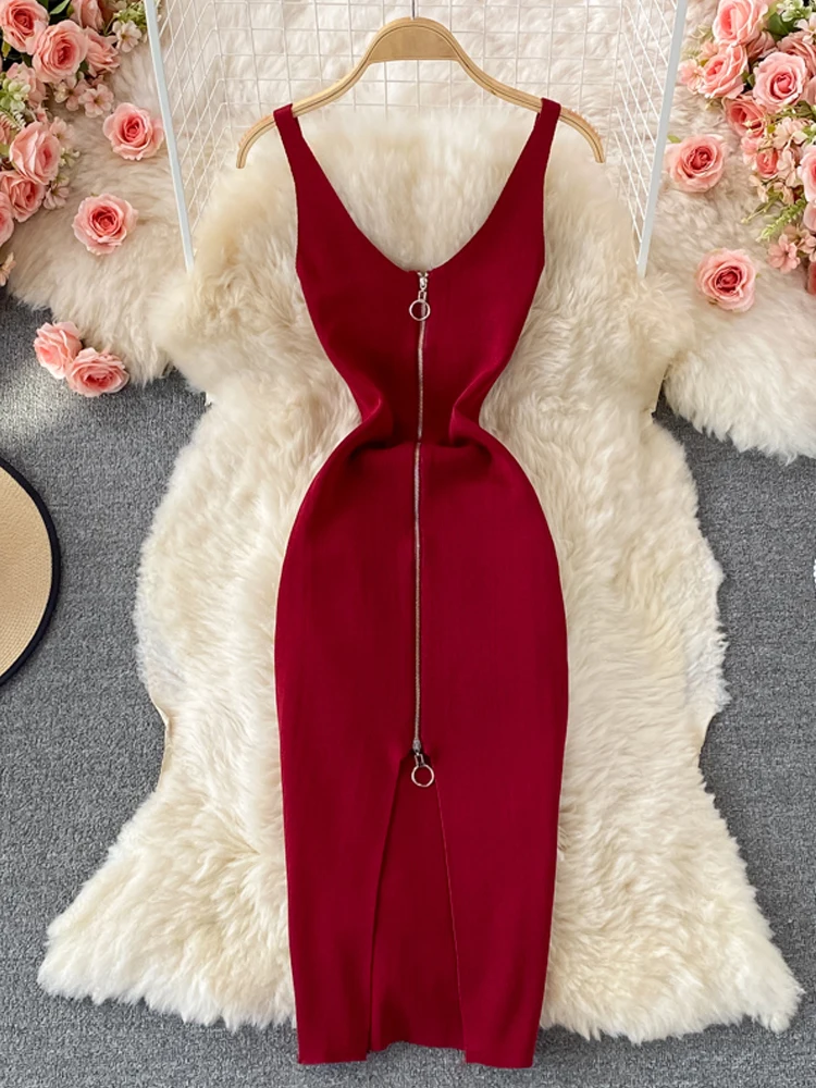 

Модное вязаное женское платье-чехол YornMona Ins, пикантное приталенное эластичное облегающее летнее женское платье на молнии с разрезом