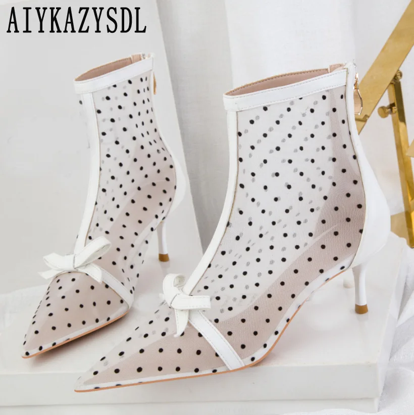 

AIYKAZYSDL Spring Summer Women Breathable Ankle Boots Mesh Gauze Polka Dot Short Booties Low Kitten Heel Work Shoes Plus Size