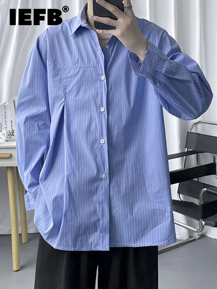 

IEFB Men's Casual Long-sleeve Shirt Korean Style Solid Color Vertical Stripes Loose 2022 New Fashionable simple Blouse 9A1775