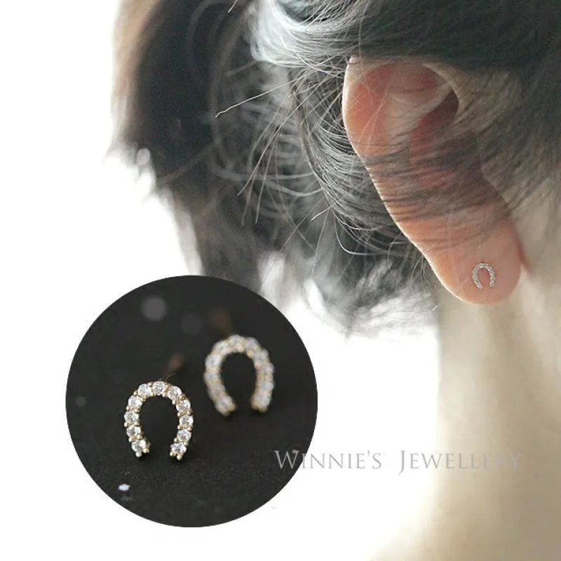 

Original 925 Silver 14k Gold Zircon Horseshoe Women's Stud Earrings Wedding Luxury Jewelry Accessories With Free Shipping