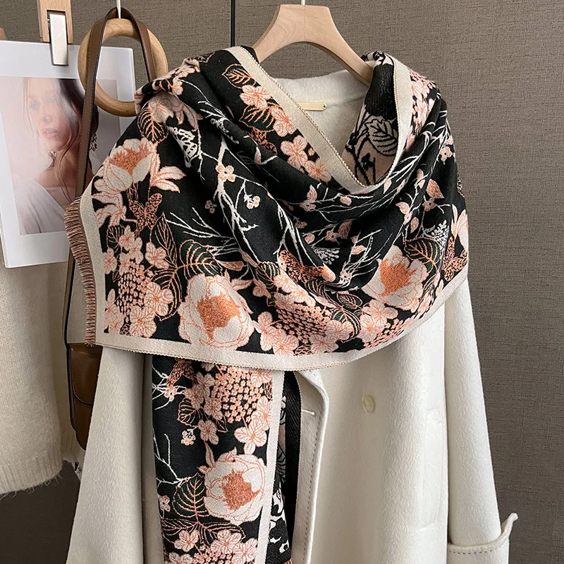 

Дизайнерское толстое пончо из пашмины 2023, женский шарф, роскошное кашемировое зимнее теплое одеяло с цветочным принтом, повседневные палантины