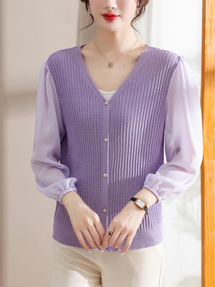 

Sweater Women New Spring Autumn Chiffon Sleeve Sweater Cardigan Solid Knitwear V Neck Single Breasted Cardigans
