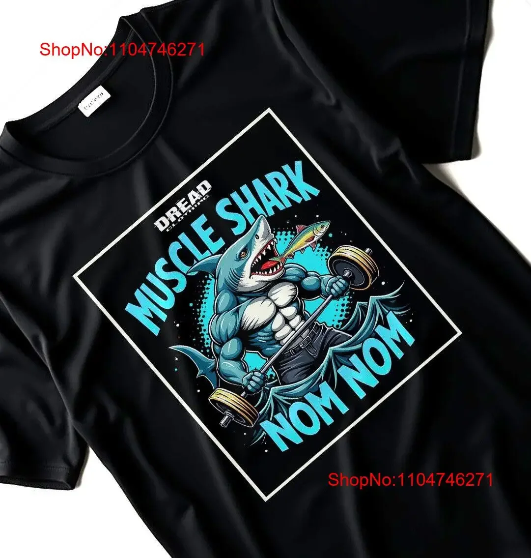 Фото Футболка Muscle Shark Nom, забавная футболка для тренажерного зала, бодибилдинга, винтажный стираный модный топ для повседневной одежды, слегка стильная растянутая футболка №1