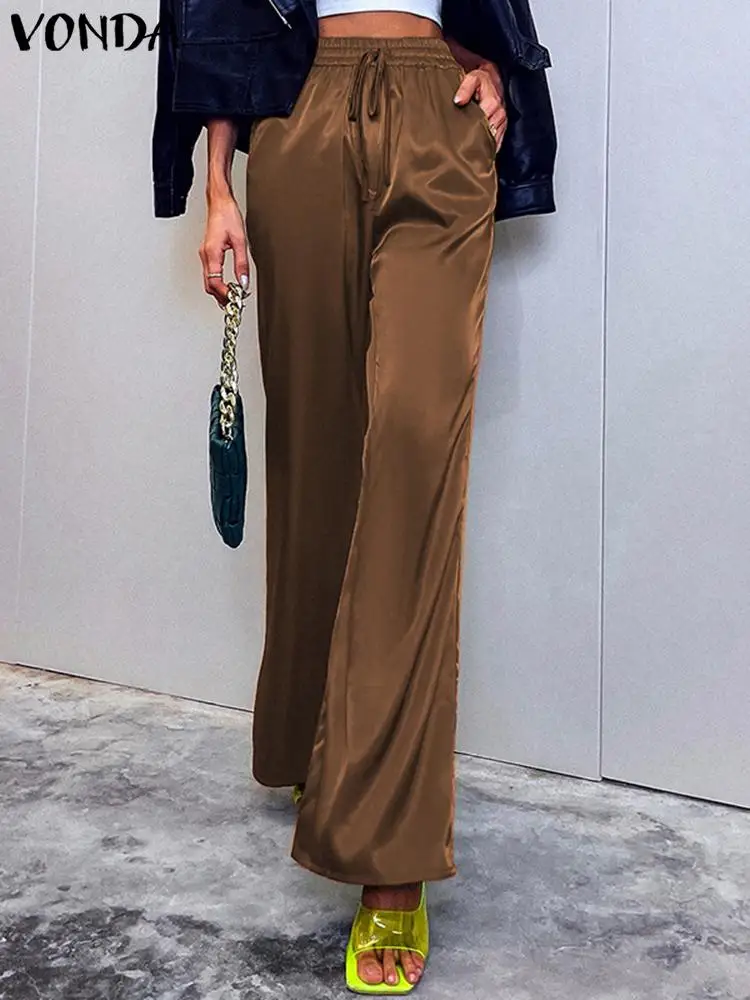 

2022 VONDA Summer Elegant High Waist Trousers Fashion Women Solid Color Casual Wide Leg Pants Loose Satin Pantalon Long Palazzo