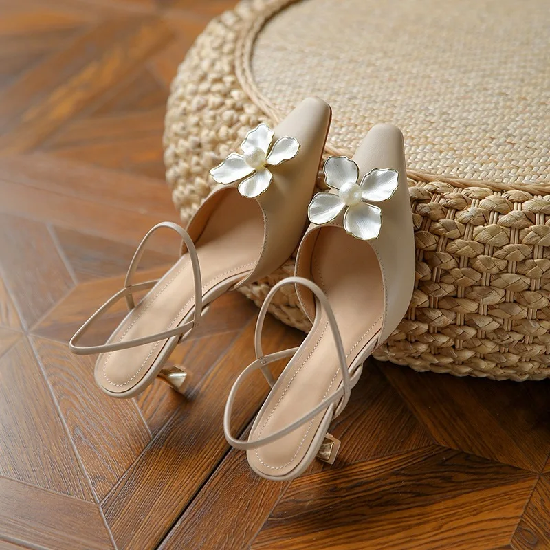 

Beige Heeled Sandals Spring Shoes 2022 Women's Black High Comfort Clear Pointed Low Stiletto New Elastic Band Closed Summer