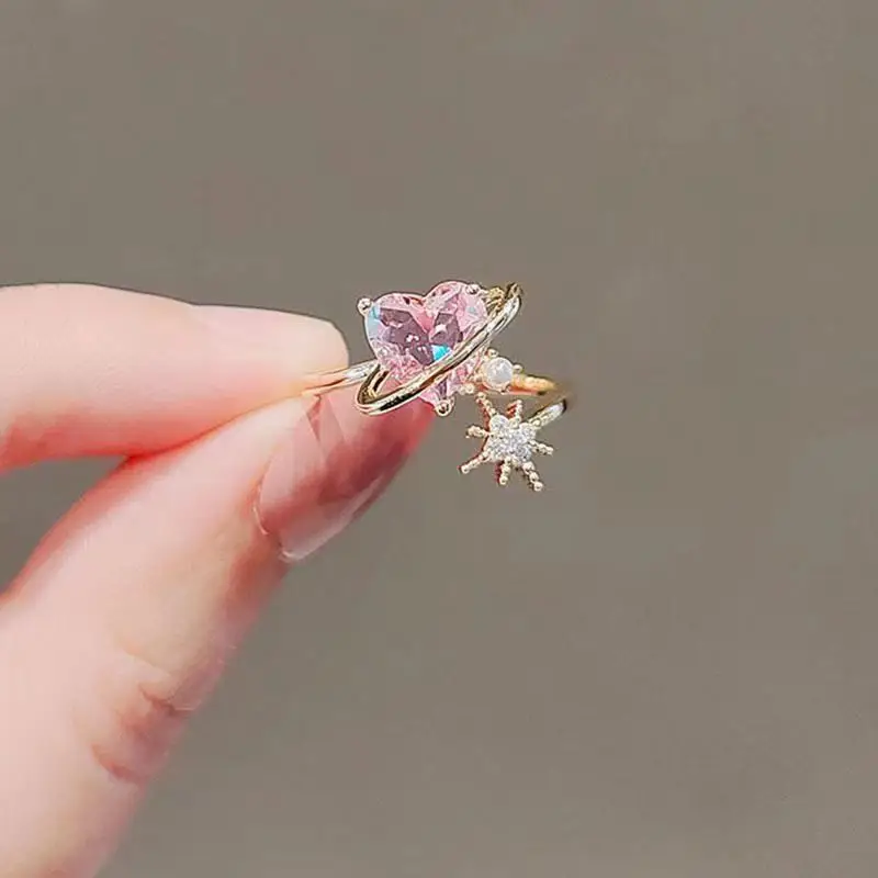 

Lovely Crystal Pink Love Heart Opening Rings for Women Fashion Party Jewelry Gifts