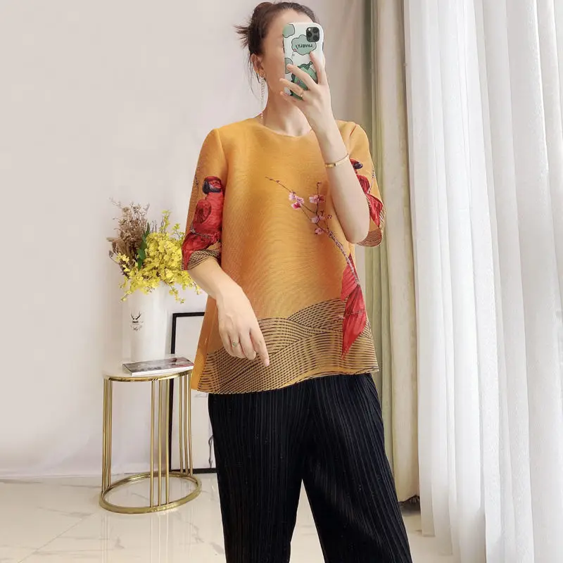 

Chinese style fashion middle sleeve pleated top 2023 summer spring new round neck temperament print loose short T-shirt tops