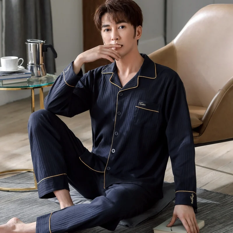 

Plus Size Long Sleeve Cotton Pajama Sets for Men 2022 Autumn Korean Loungewear Sleepwear Suit Pyjamas Male Homewear Home Clothes