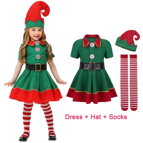 Рождественский костюм Санта-Клауса для девочек и мальчиков, костюм зеленого эльфа для косплея, семейная Рождественская вечеринка, новогодний нарядный костюм, комплект одежды, подарок на Рождество