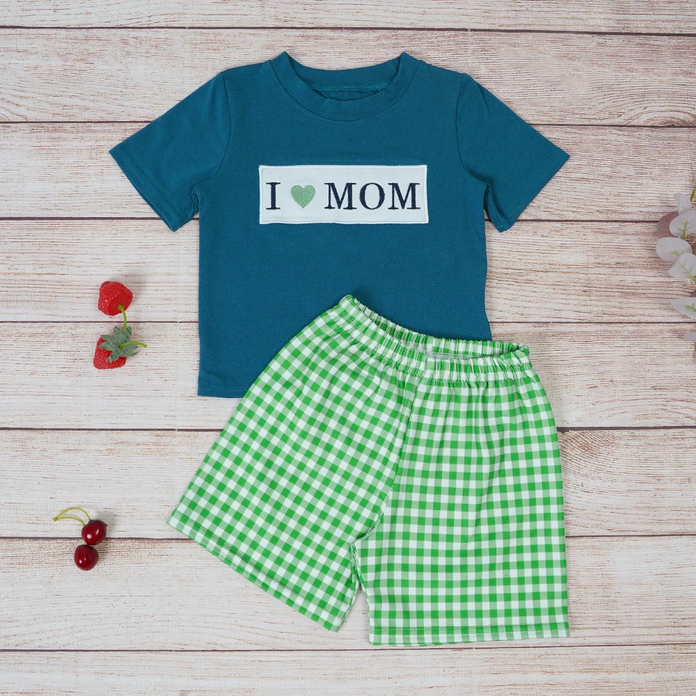 New Style Green Outfits Baby Boy Cotton Clothes Set I Love MOM Embroidery Bodysuit Toddler Sleeve T-shirt Stripe Shorts For 1-8T