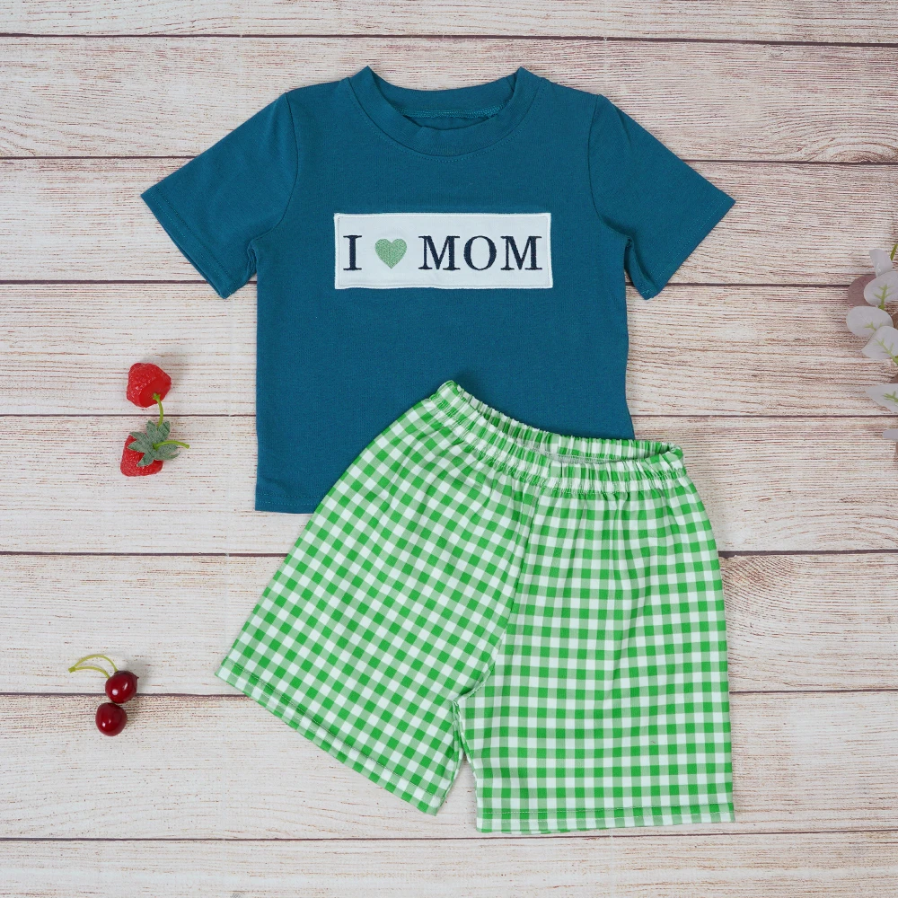 

New Style Green Outfits Baby Boy Cotton Clothes Set I Love MOM Embroidery Bodysuit Toddler Sleeve T-shirt Stripe Shorts For 1-8T