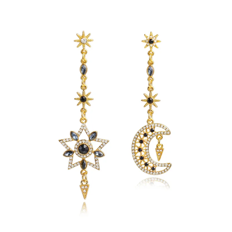 

Elegant 925 Silver Post Asymmetric Star Moon Earrings Long Gold Color Chain Inlaid Crystal Statement Tassel Sparkling Earrings