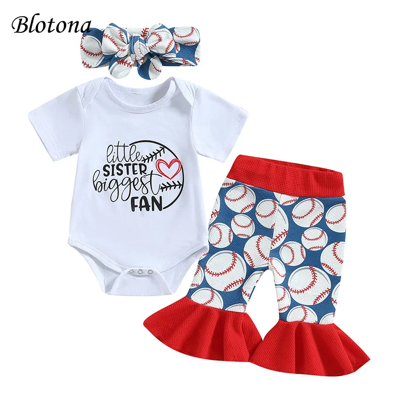 

Blotona 3Pcs Baby Boy Girl Spring Summer Outfits, Short Sleeve Romper + Baseball Print Flared Pants + Headband Set 0-24Months