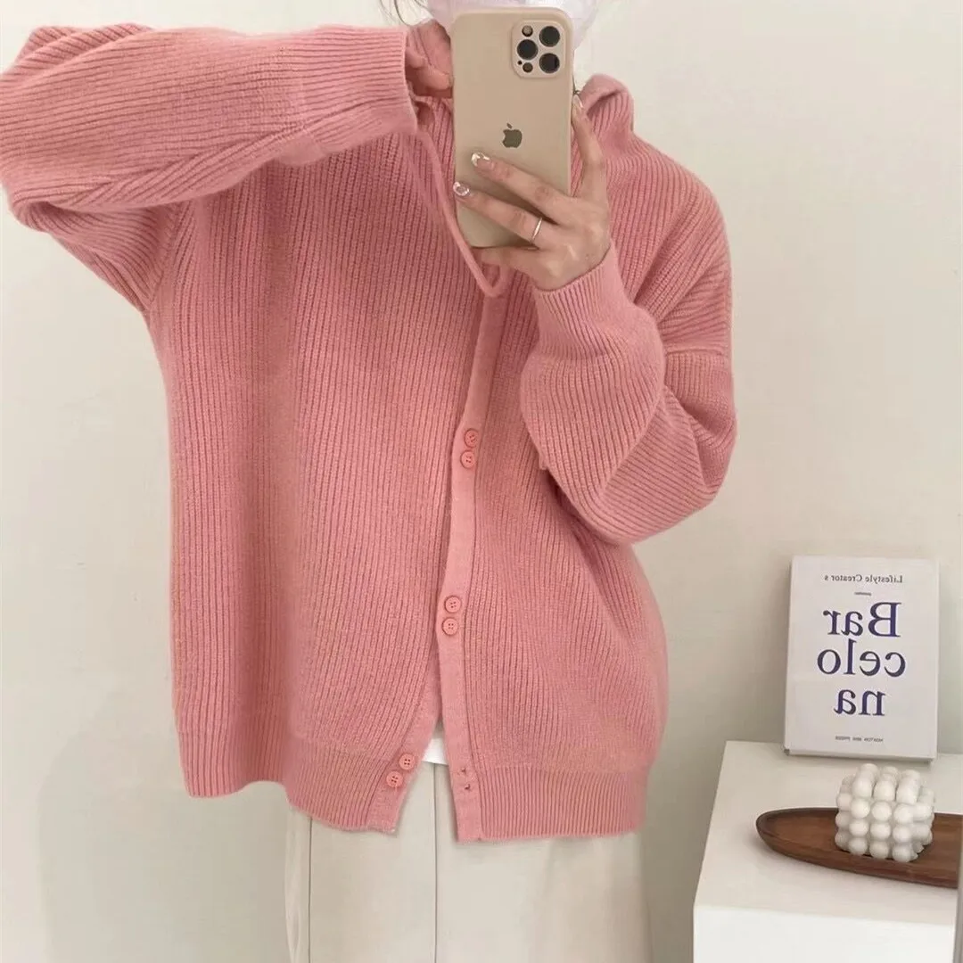 

Korean Version Fashion Casual Hooded Knitted Sweater Women's Autumn Loose Cardigan Single-breasted Long-sleeved Bottoming Coat