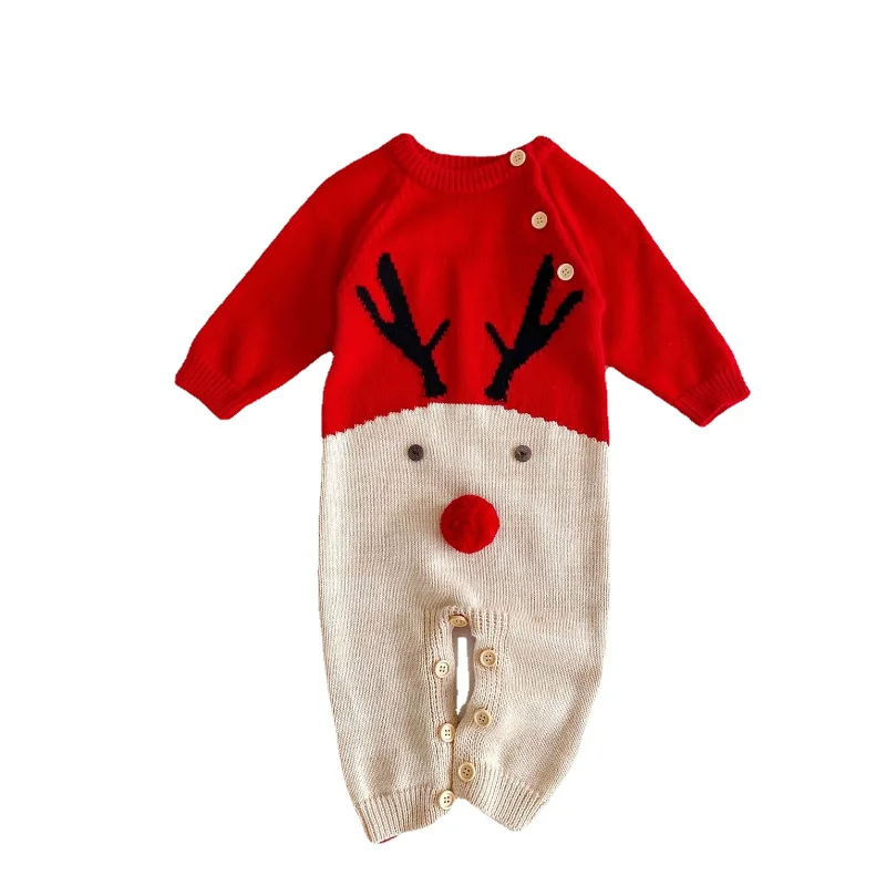 

HoneyCherry Christmas Knitted Cotton Long-sleeved Climbing Stitching Baby One-piece Romper Baby Girl Clothes