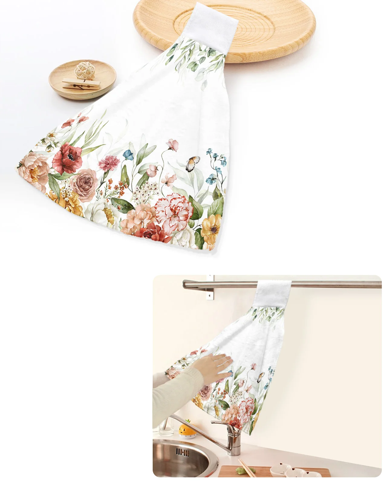 

Spring Flower Rose Leaf Watercolor Hand Towels Home Kitchen Bathroom Hanging Dishcloths Loops Soft Absorbent Custom Wipe Towel