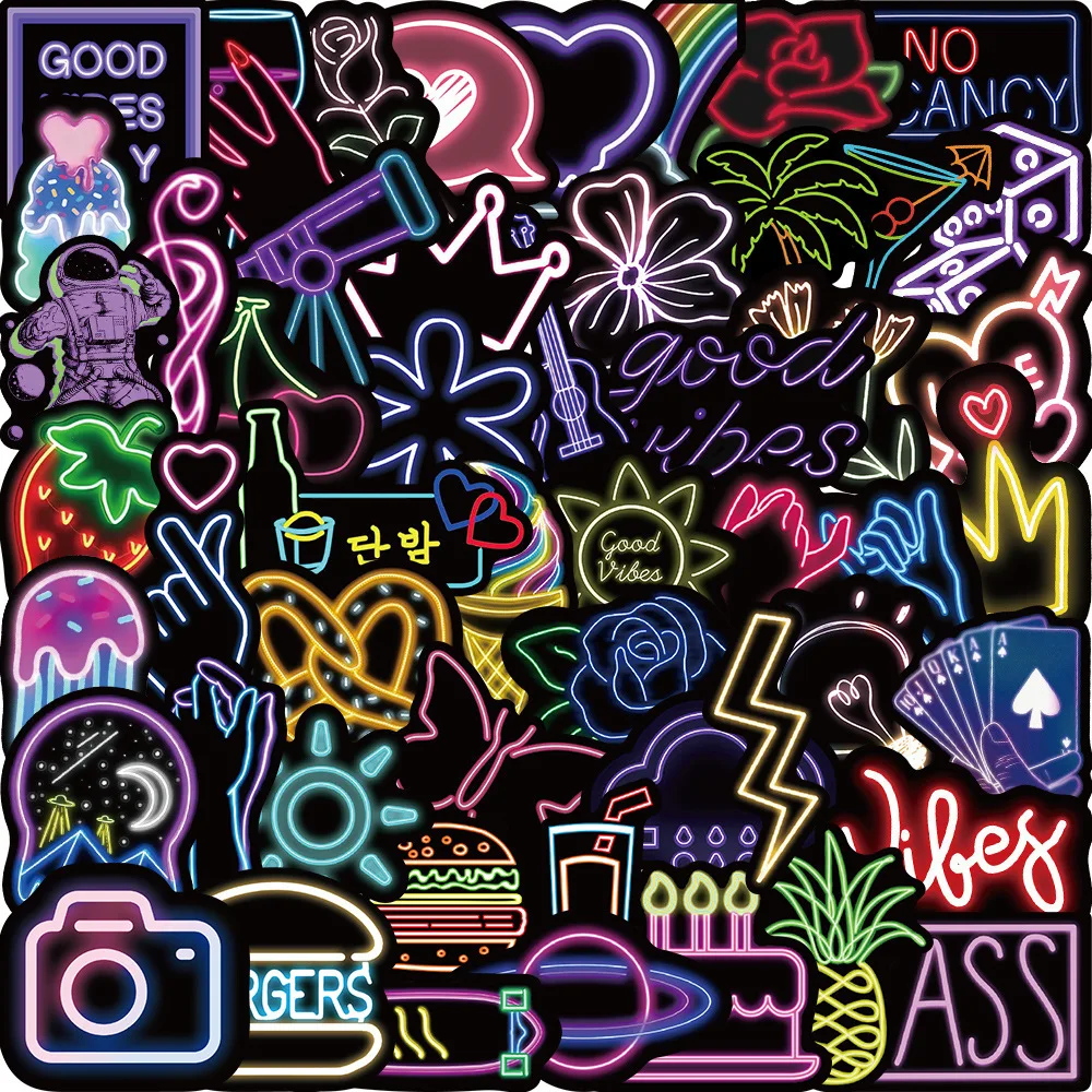 

50 Pcs Cartoon Creative Neon Light Stickers Individuality Ins Graffiti Sticker Teens Adults Gift Vinyl Waterproof Decal