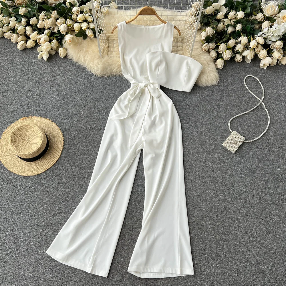 

Women French Style Temperament Jumpsuits Sashes Zipper Elegant 2022 Solid Casual Wide Leg Long Rompers