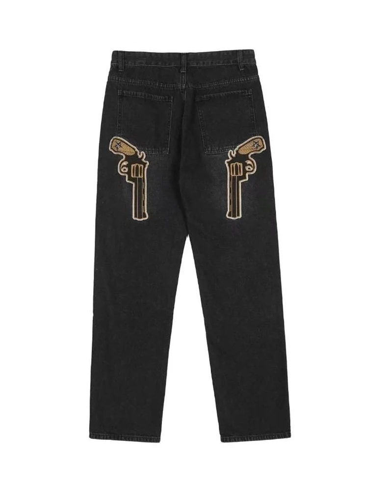 Men's Jeans Solid Color Y2k Retro Pistol Embroidery Large -sized Men and Female Denim Trousers Street Clothing Trend Ins Hotel