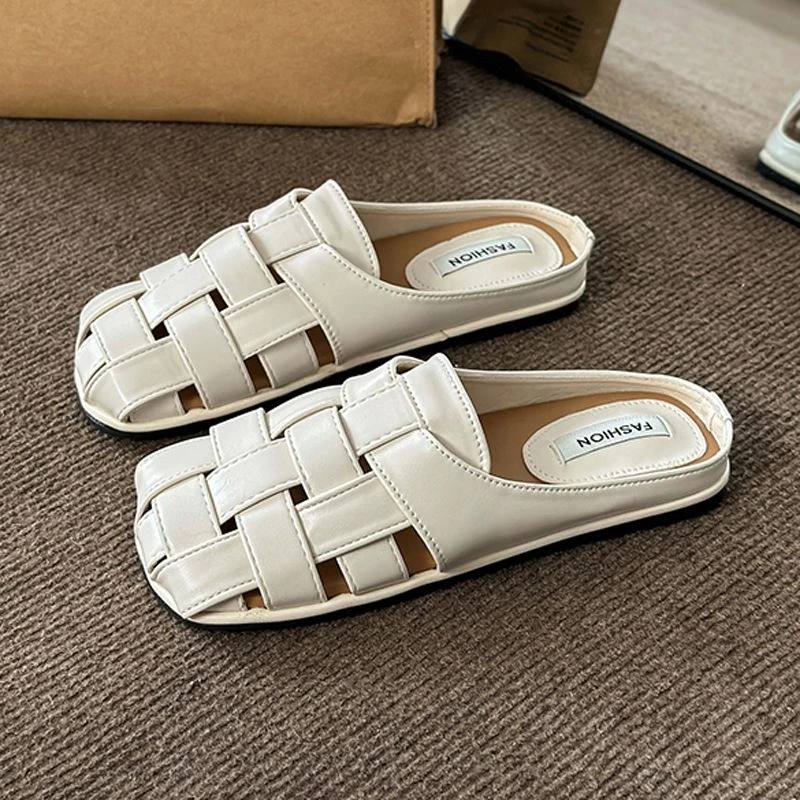 

Korean Version Baotou Weave Hollow Out Flat Half Slippers Female 2023 New Fashion Casual Simple Anti-slip Slippers Summertime