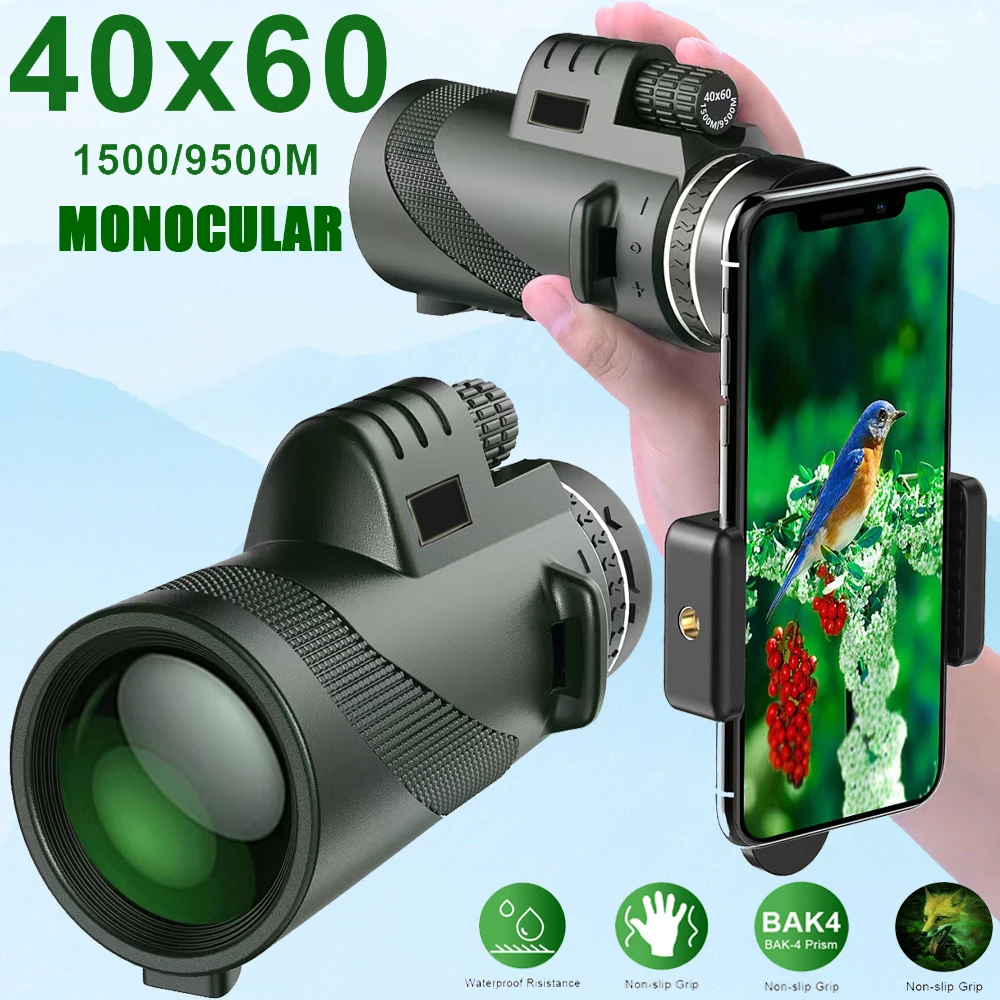 

40X60 Monocular Telescope HD Zoom Monocular Binoculars with Smartphone Holde&Tripod FMC BAK4 Lens Pocket Telescope for Hunting